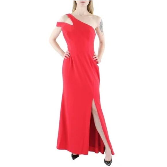 Red One Shoulder Evening Gown Size 14P XSCAPE Cut Out Thigh Slit Formal Dress - Picture 12 of 14